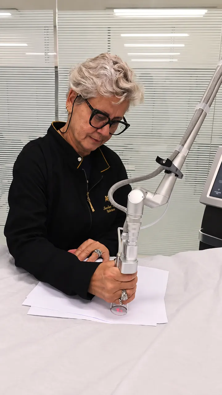 Sandra Araújo preparando equipamento durante um atendimento